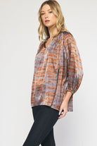 Entro Toffee Swirl Printed V-Neck Top With Ruffle Detail Plus-Curvy/Plus Blouses-Entro-Deja Nu Boutique, Women's Fashion Boutique in Lampasas, Texas