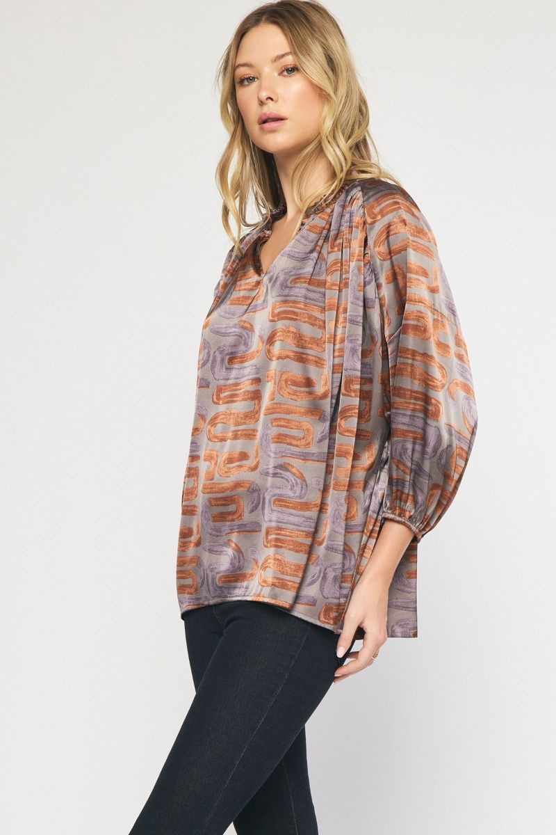 Entro Toffee Swirl Printed V-Neck Top With Ruffle Detail Plus-Curvy/Plus Blouses-Entro-Deja Nu Boutique, Women's Fashion Boutique in Lampasas, Texas