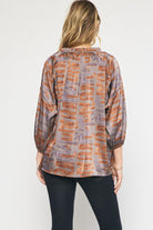 Entro Toffee Swirl Printed V-Neck Top With Ruffle Detail Plus-Curvy/Plus Blouses-Entro-Deja Nu Boutique, Women's Fashion Boutique in Lampasas, Texas