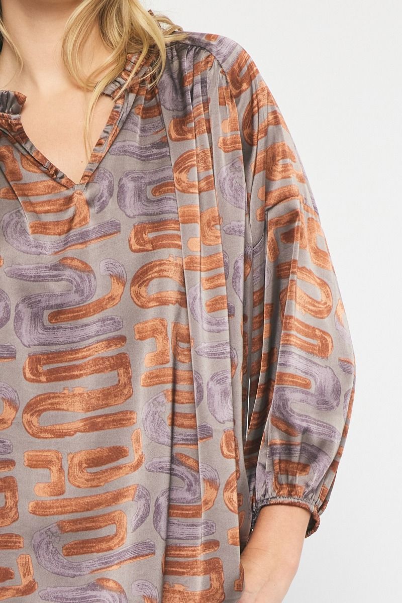 Entro Toffee Swirl Printed V-Neck Top With Ruffle Detail Plus-Curvy/Plus Blouses-Entro-Deja Nu Boutique, Women's Fashion Boutique in Lampasas, Texas