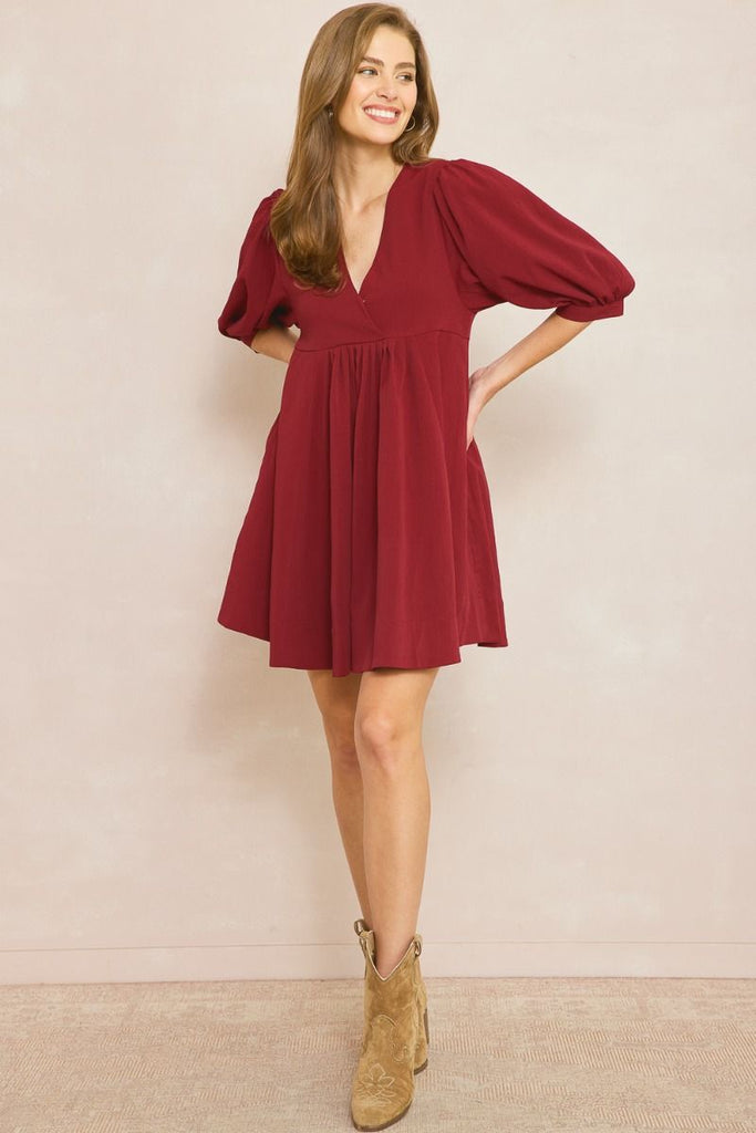 Entro V Neck Baby Doll Dress With Puff Sleeves And Pockets In Wine-Short Dresses-Entro-Deja Nu Boutique, Women's Fashion Boutique in Lampasas, Texas