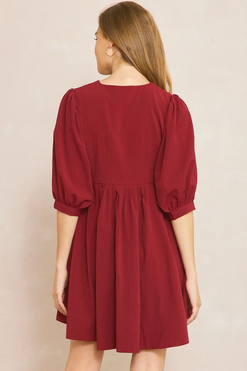 Entro V Neck Baby Doll Dress With Puff Sleeves And Pockets In Wine-Short Dresses-Entro-Deja Nu Boutique, Women's Fashion Boutique in Lampasas, Texas