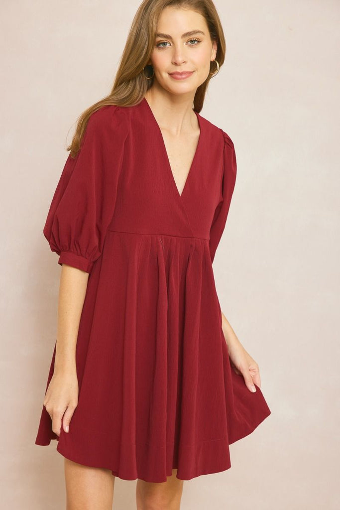 Entro V Neck Baby Doll Dress With Puff Sleeves And Pockets In Wine-Short Dresses-Entro-Deja Nu Boutique, Women's Fashion Boutique in Lampasas, Texas