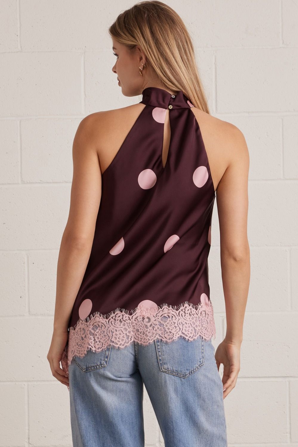 Entro Blush Dot Lace Halter Top-Lace Top-Entro-Deja Nu Boutique, Women's Fashion Boutique in Lampasas, Texas