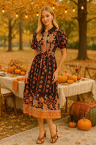 Entro Botanical Print Puff Sleeve Midi Dress In Black-Dresses-Entro-Deja Nu Boutique, Women's Fashion Boutique in Lampasas, Texas