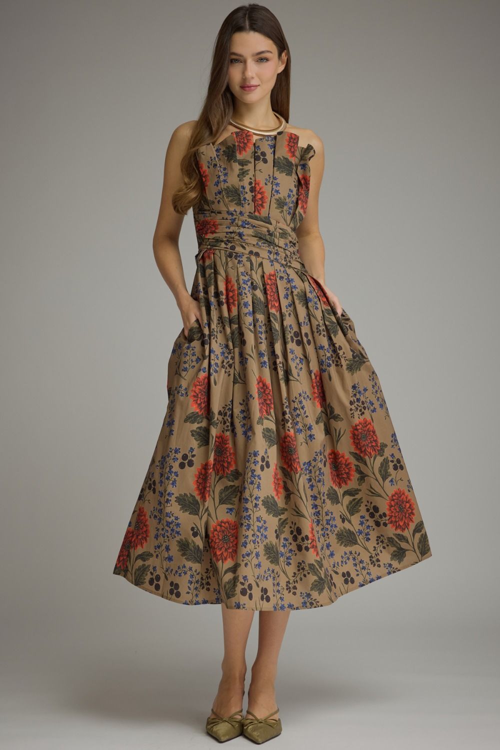 Entro Camel Floral Print Strapless Midi Dress-Midi Dresses-Entro-Deja Nu Boutique, Women's Fashion Boutique in Lampasas, Texas