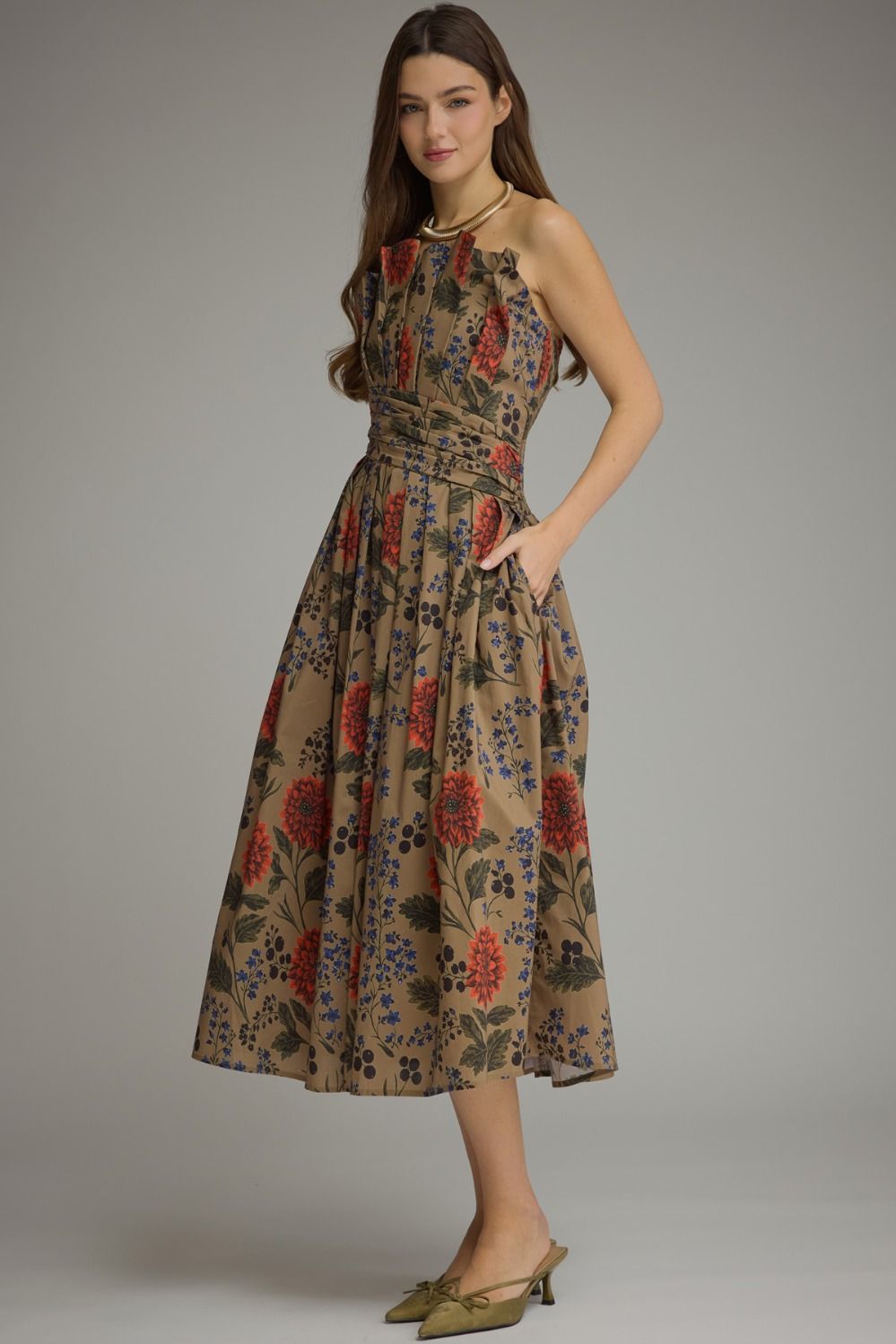 Entro Camel Floral Print Strapless Midi Dress-Midi Dresses-Entro-Deja Nu Boutique, Women's Fashion Boutique in Lampasas, Texas