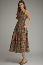 Entro Camel Floral Print Strapless Midi Dress-Midi Dresses-Entro-Deja Nu Boutique, Women's Fashion Boutique in Lampasas, Texas