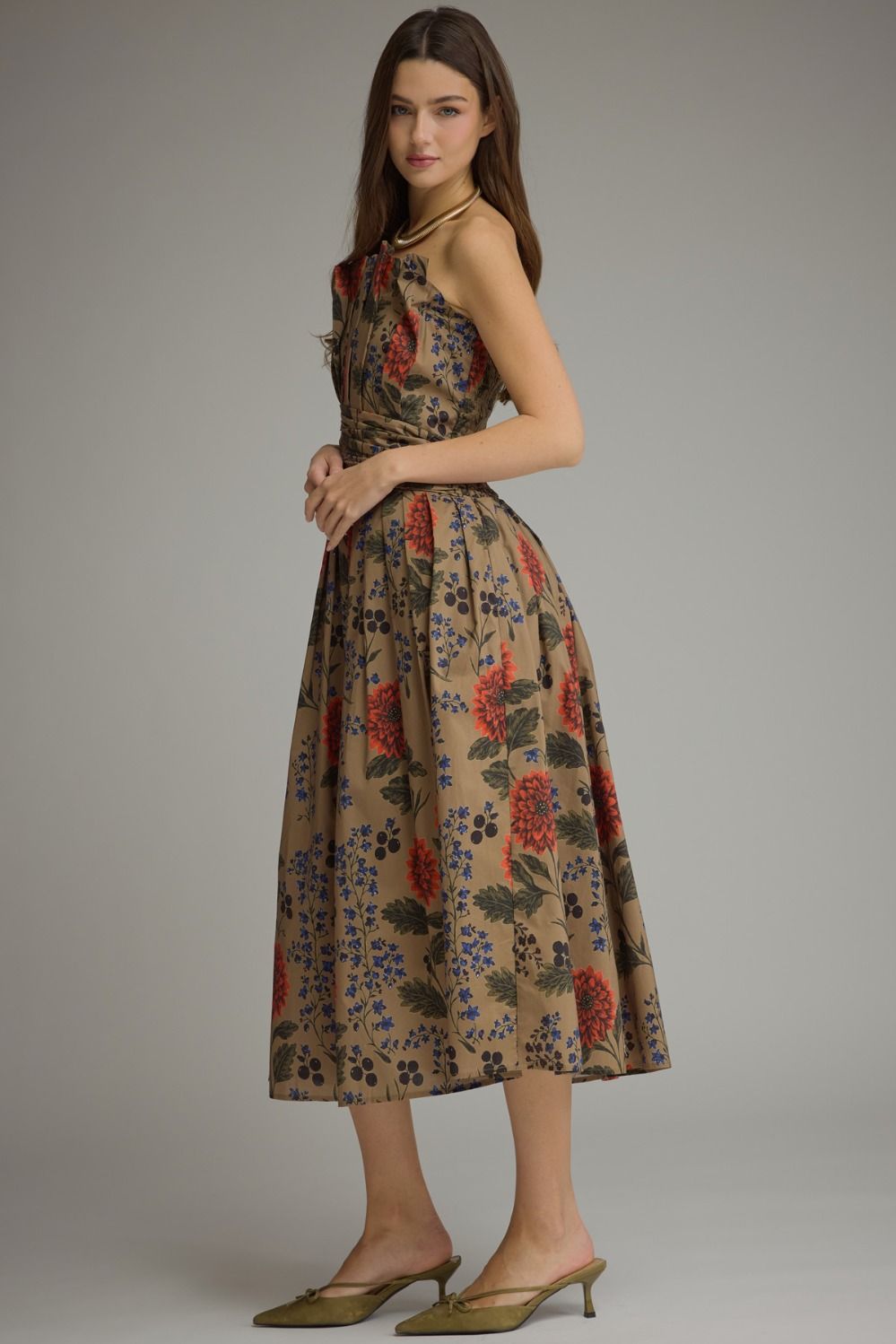 Entro Camel Floral Print Strapless Midi Dress-Midi Dresses-Entro-Deja Nu Boutique, Women's Fashion Boutique in Lampasas, Texas