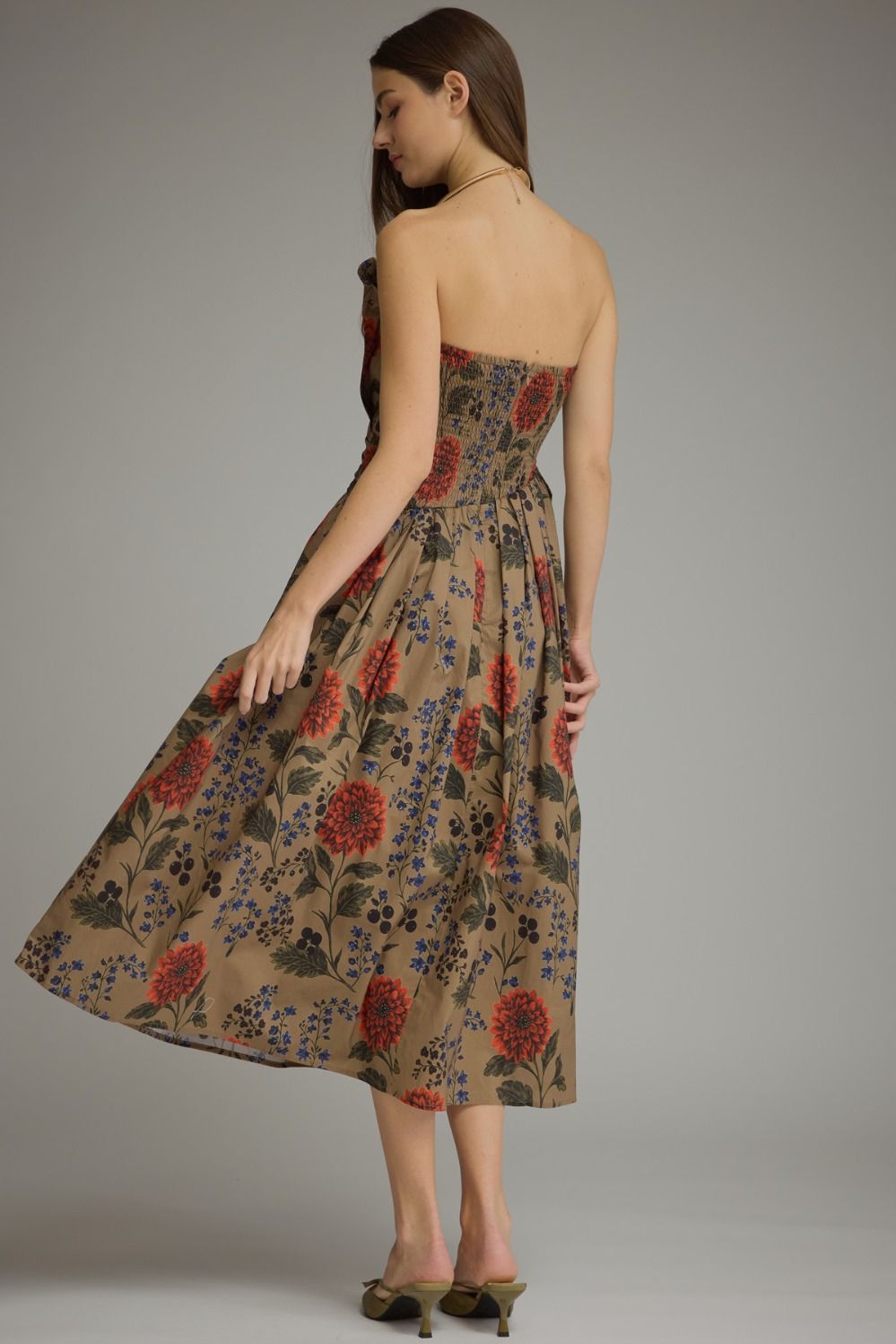 Entro Camel Floral Print Strapless Midi Dress-Midi Dresses-Entro-Deja Nu Boutique, Women's Fashion Boutique in Lampasas, Texas