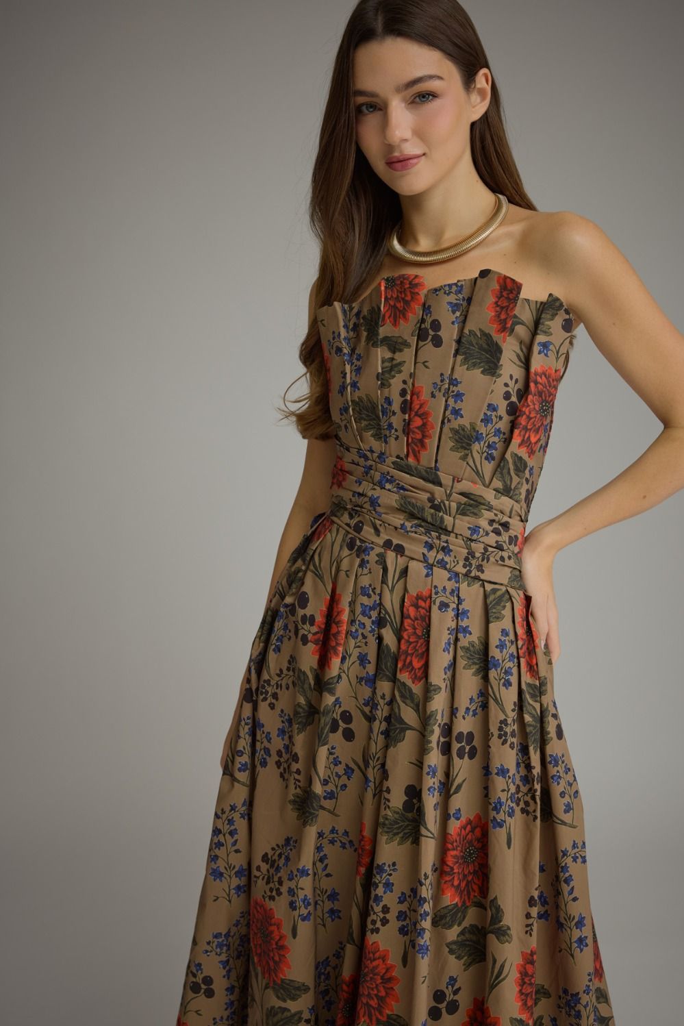 Entro Camel Floral Print Strapless Midi Dress-Midi Dresses-Entro-Deja Nu Boutique, Women's Fashion Boutique in Lampasas, Texas