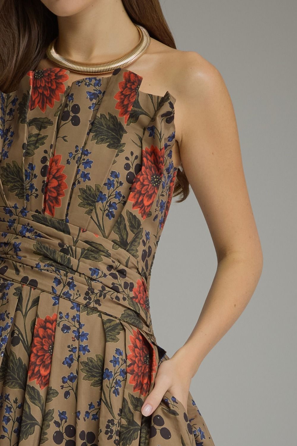 Entro Camel Floral Print Strapless Midi Dress-Midi Dresses-Entro-Deja Nu Boutique, Women's Fashion Boutique in Lampasas, Texas