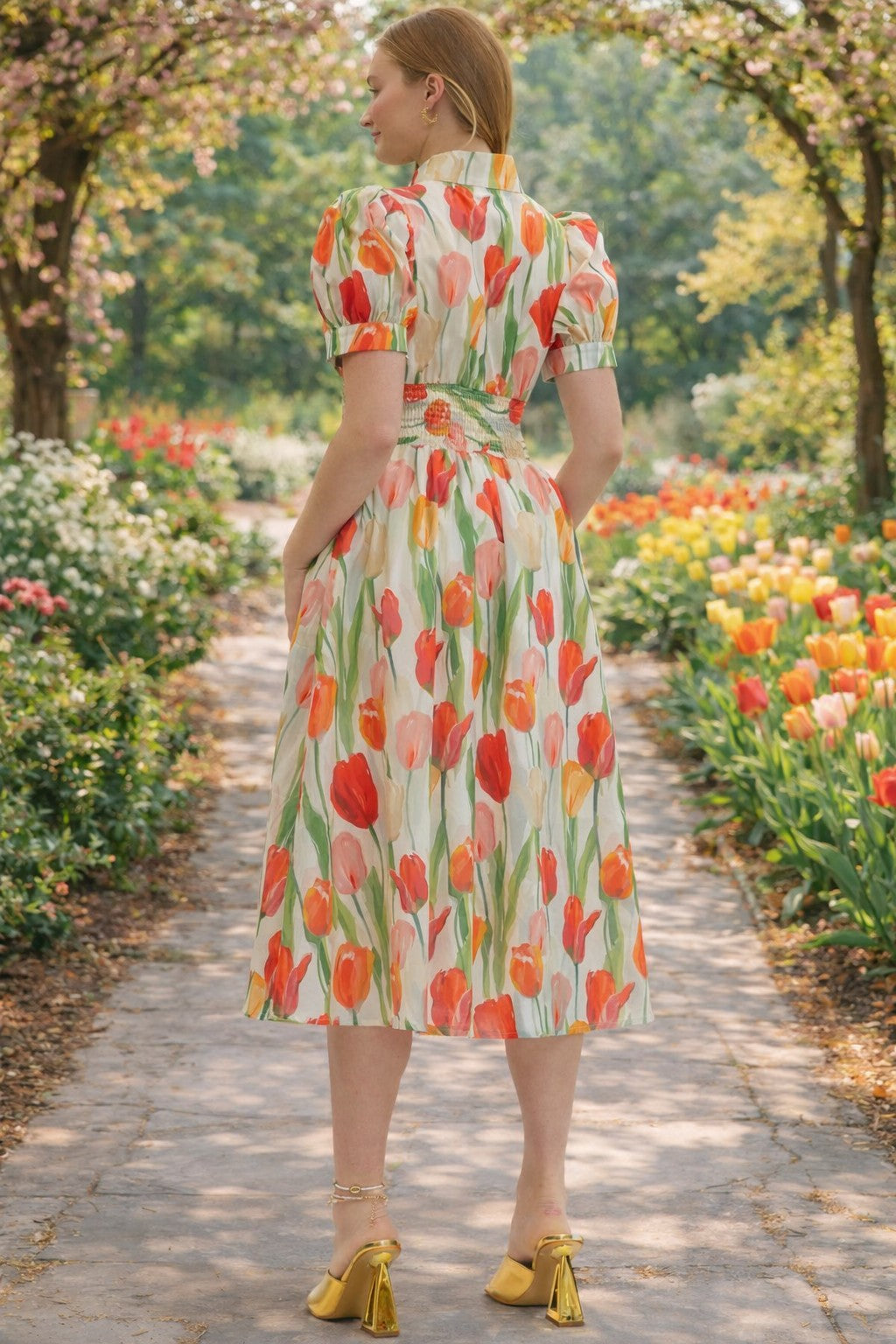 Entro Cream Tulip Floral Zip Front Sleeveless Midi Dress with Shirred Waist-Midi Dresses-Entro-Deja Nu Boutique, Women's Fashion Boutique in Lampasas, Texas