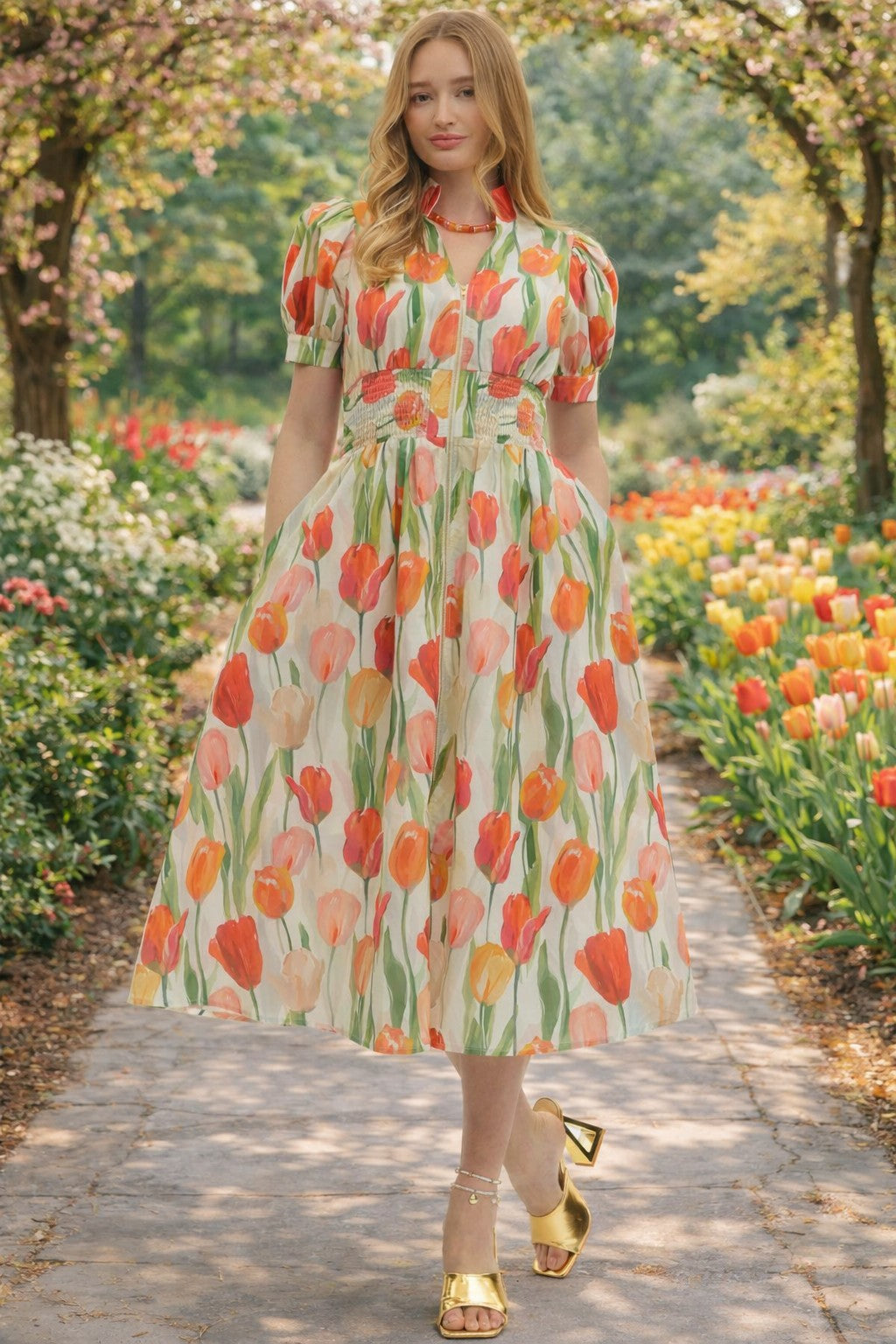 Entro Cream Tulip Floral Zip Front Sleeveless Midi Dress with Shirred Waist-Midi Dresses-Entro-Deja Nu Boutique, Women's Fashion Boutique in Lampasas, Texas