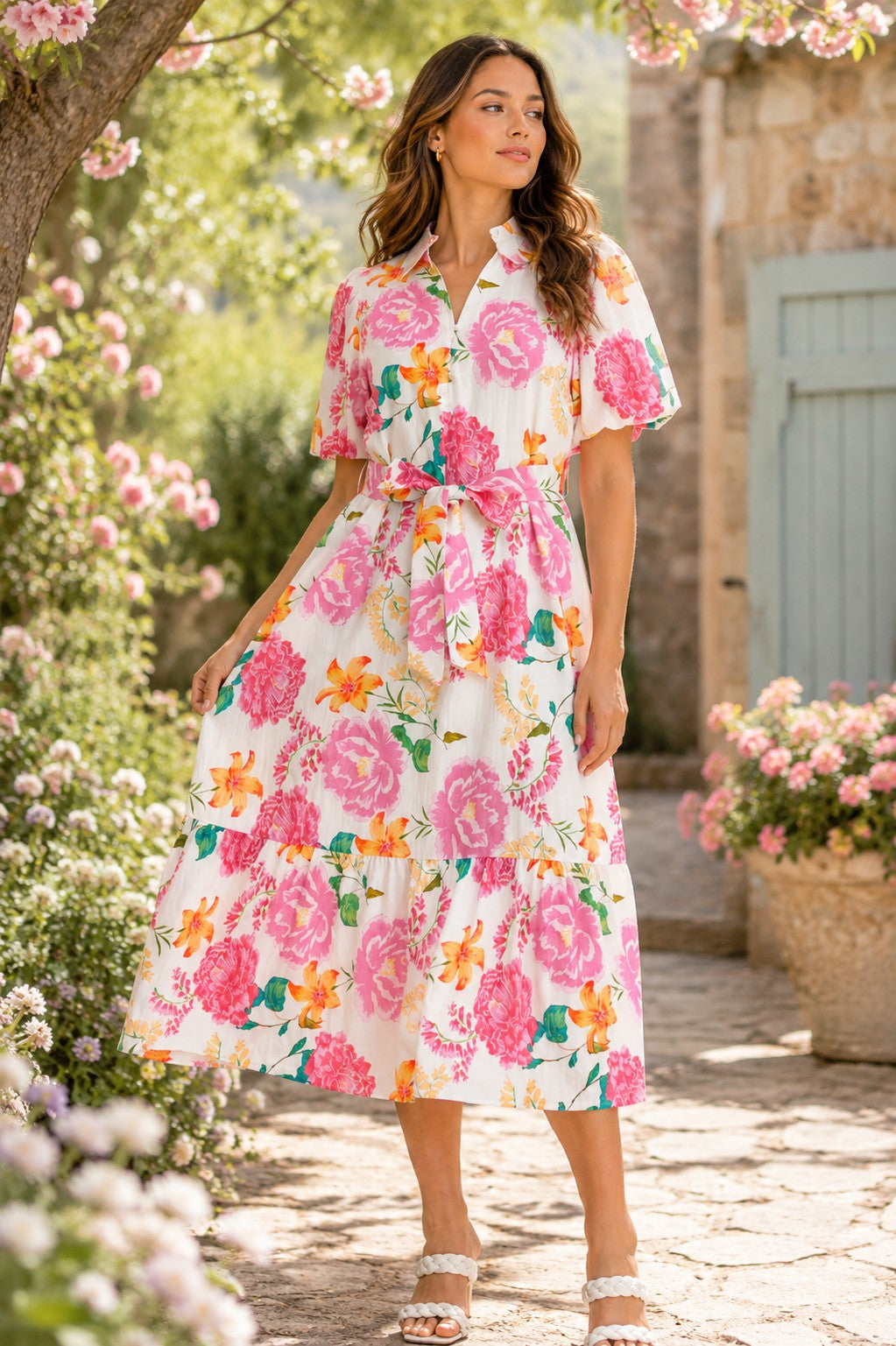 Entro Floral Print Puff Sleeve Midi Dress – Pink Multi-Midi Dresses-entro-Deja Nu Boutique, Women's Fashion Boutique in Lampasas, Texas