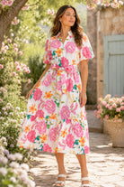 Entro Floral Print Puff Sleeve Midi Dress – Pink Multi-Midi Dresses-entro-Deja Nu Boutique, Women's Fashion Boutique in Lampasas, Texas