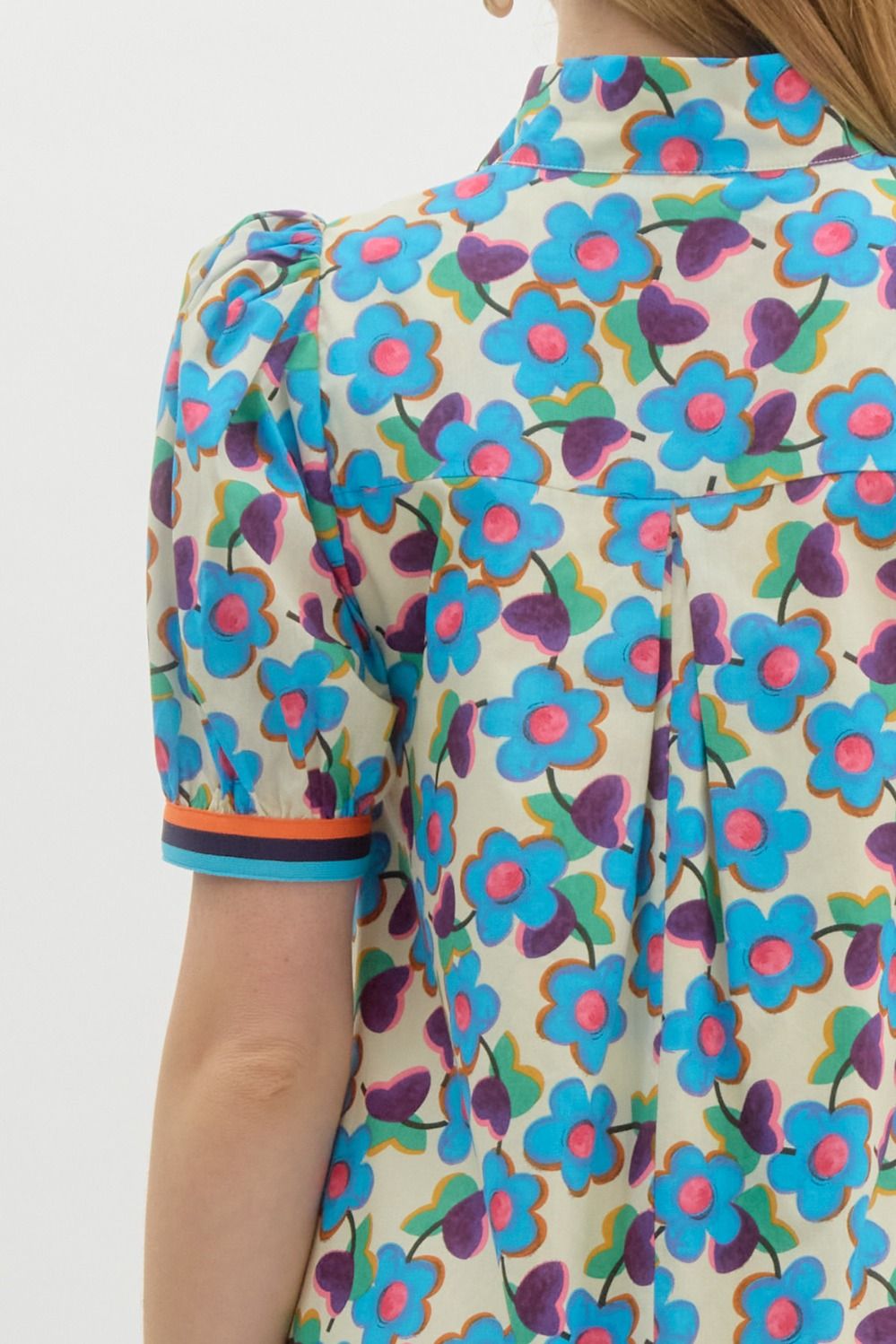 Entro Floral Puff Sleeve Mini Dress With Contrast Trim and Pockets-Short Dresses-Entro-Deja Nu Boutique, Women's Fashion Boutique in Lampasas, Texas