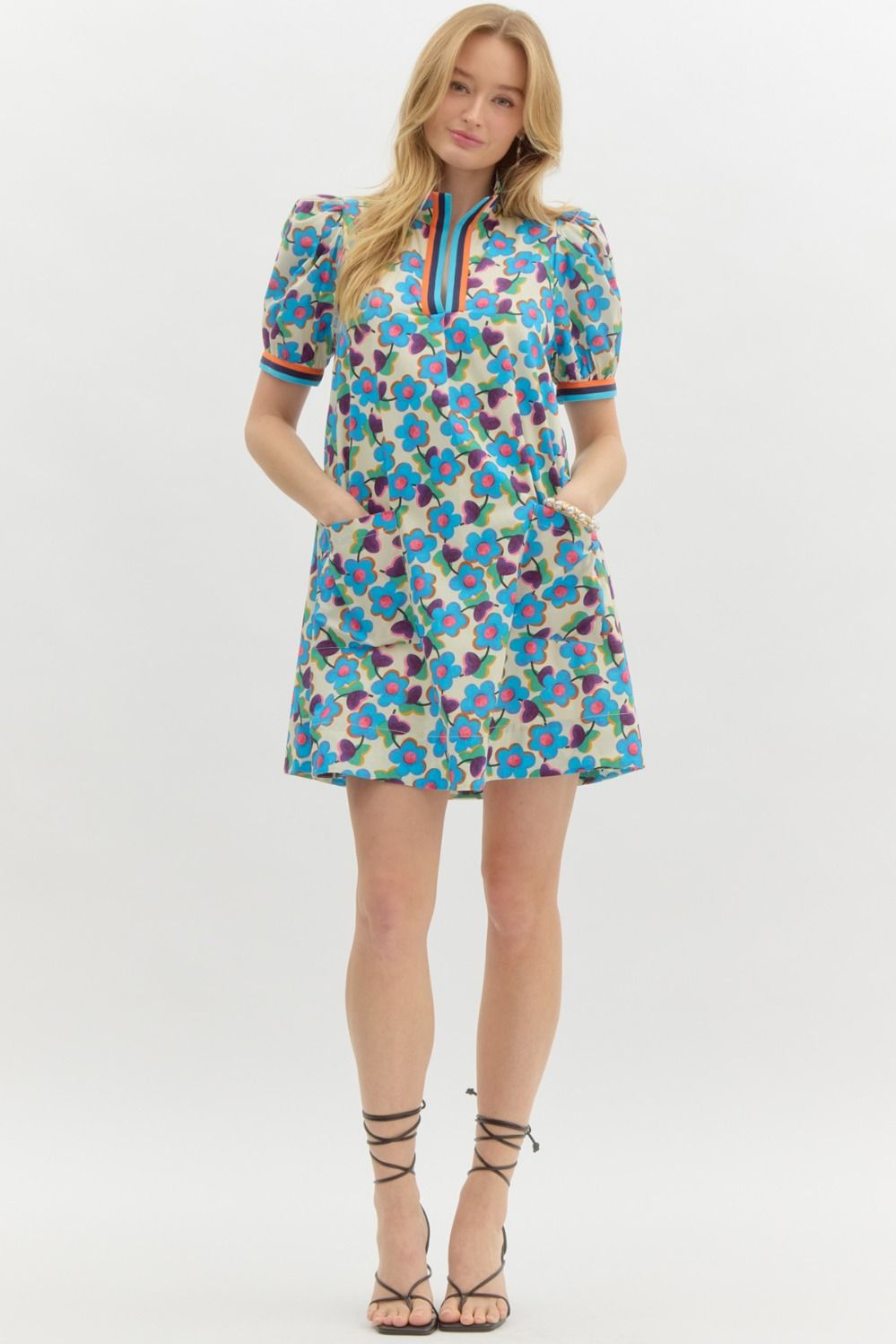 Entro Floral Puff Sleeve Mini Dress With Contrast Trim and Pockets-Short Dresses-Entro-Deja Nu Boutique, Women's Fashion Boutique in Lampasas, Texas