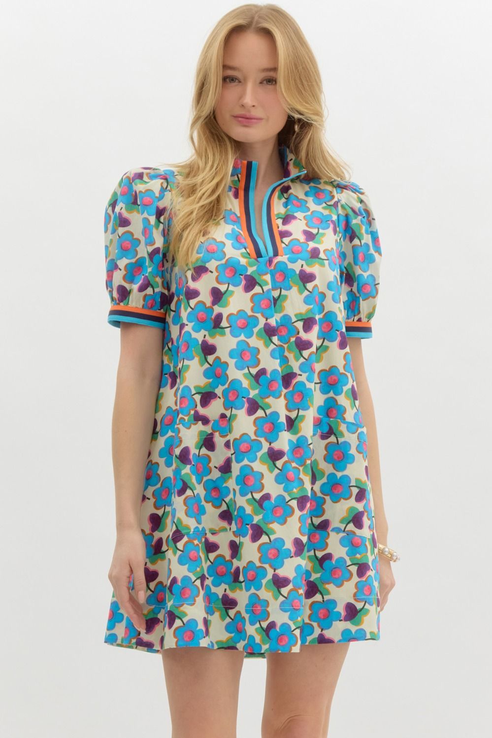 Entro Floral Puff Sleeve Mini Dress With Contrast Trim and Pockets-Short Dresses-Entro-Deja Nu Boutique, Women's Fashion Boutique in Lampasas, Texas