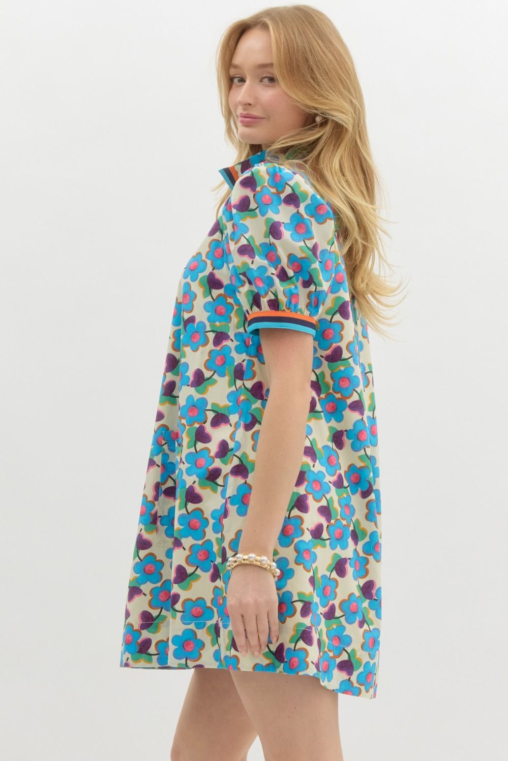 Entro Floral Puff Sleeve Mini Dress With Contrast Trim and Pockets-Short Dresses-Entro-Deja Nu Boutique, Women's Fashion Boutique in Lampasas, Texas