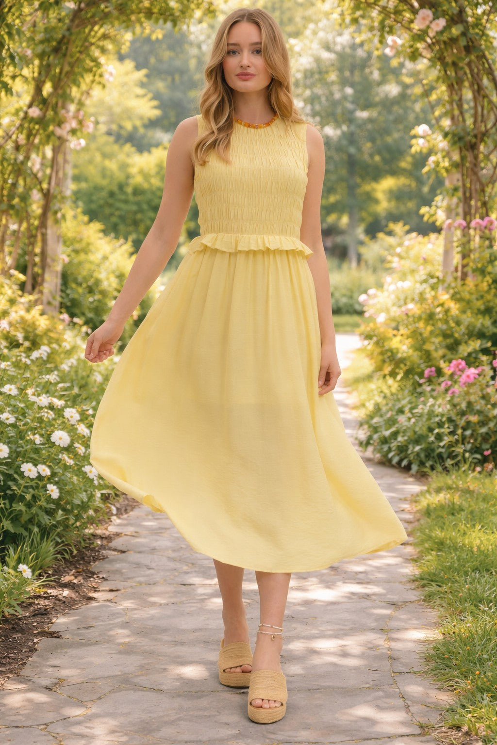 Entro Lemon Smocked Waist Midi Dress-Midi Dresses-Entro-Deja Nu Boutique, Women's Fashion Boutique in Lampasas, Texas