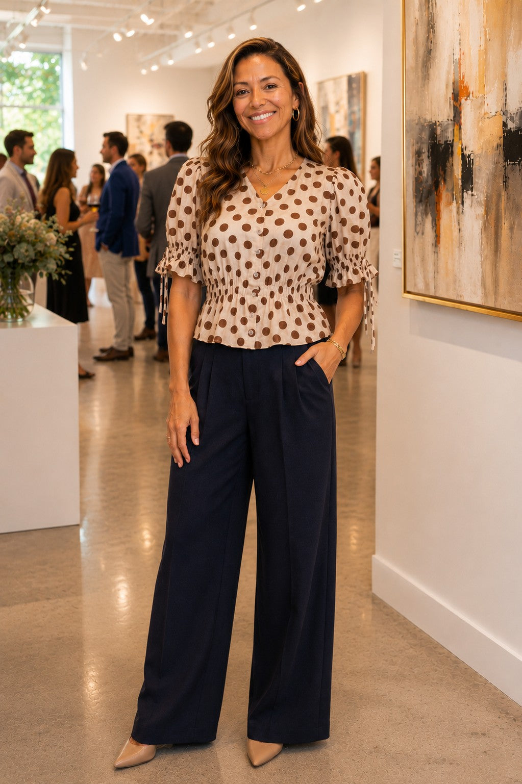 Entro Mocha Polka Dot Smocked Peplum Top-shirts-entro-Deja Nu Boutique, Women's Fashion Boutique in Lampasas, Texas