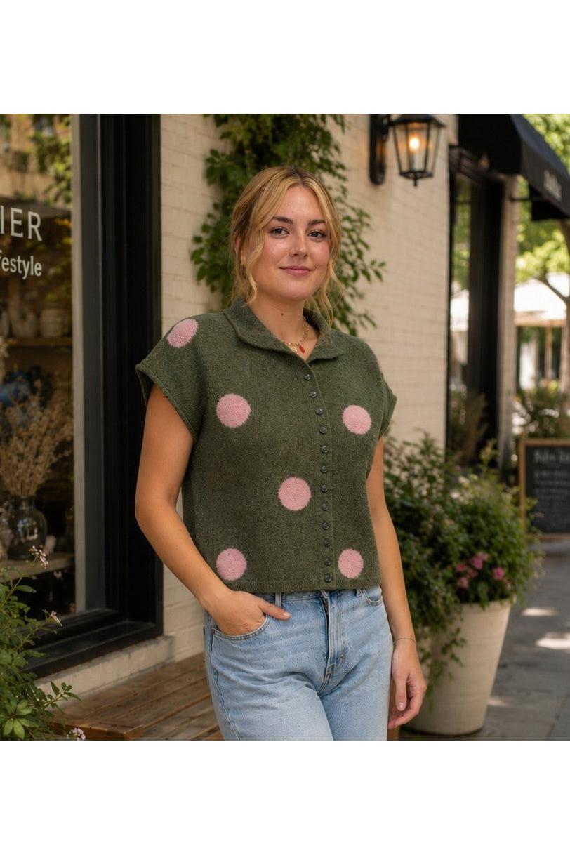 Entro Olive Polka Dot Sweater Knit Top-Sweaters-entro-Deja Nu Boutique, Women's Fashion Boutique in Lampasas, Texas