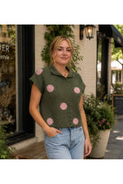 Entro Olive Polka Dot Sweater Knit Top-Sweaters-entro-Deja Nu Boutique, Women's Fashion Boutique in Lampasas, Texas