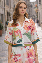 Entro Orchid Garden Button Front Floral Blouse-Tops-Entro-Deja Nu Boutique, Women's Fashion Boutique in Lampasas, Texas