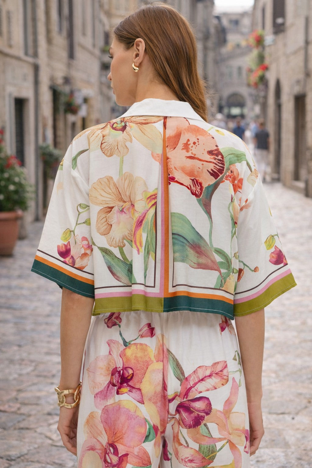 Entro Orchid Garden Button Front Floral Blouse-Tops-Entro-Deja Nu Boutique, Women's Fashion Boutique in Lampasas, Texas