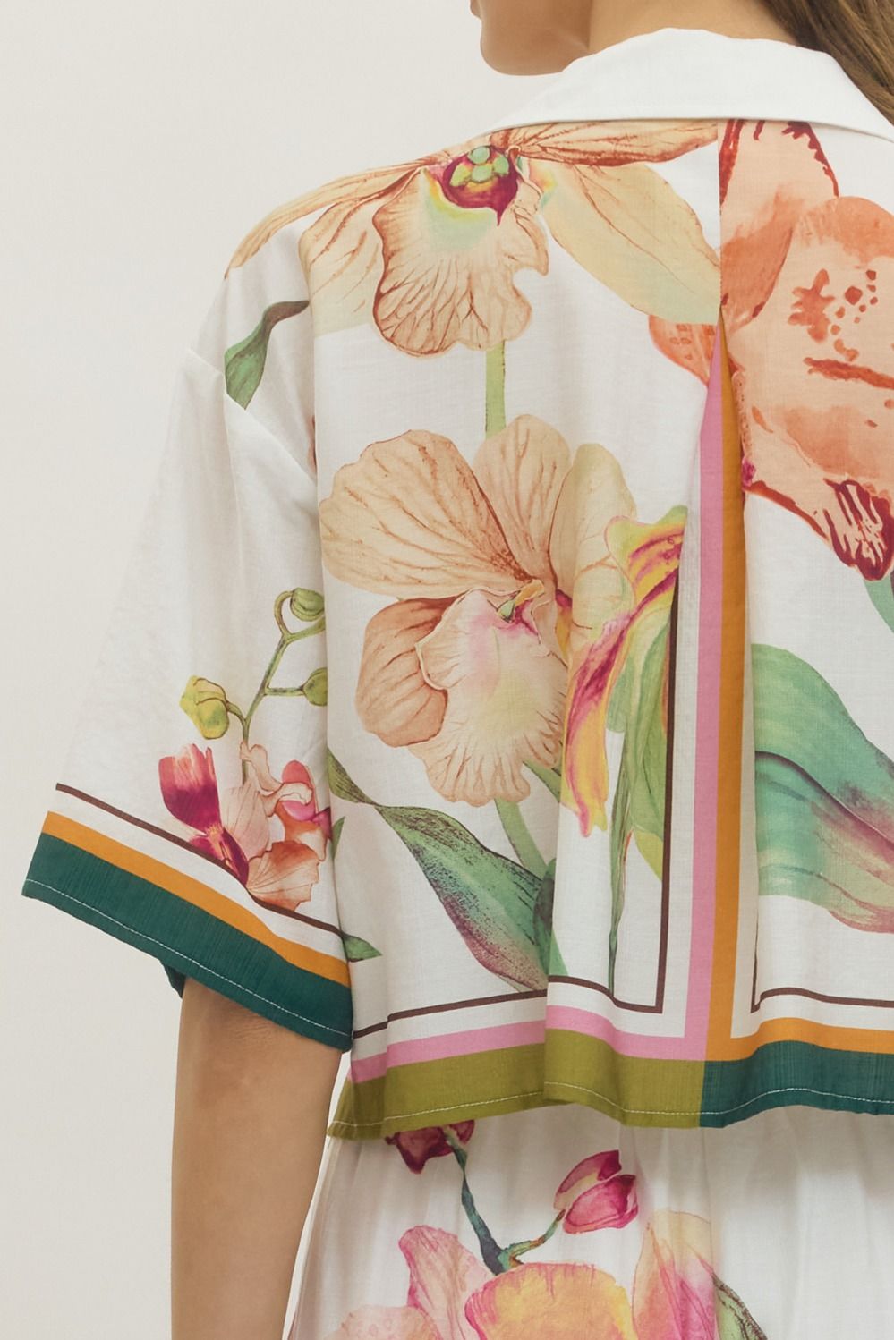 Entro Orchid Garden Button Front Floral Blouse-Tops-Entro-Deja Nu Boutique, Women's Fashion Boutique in Lampasas, Texas