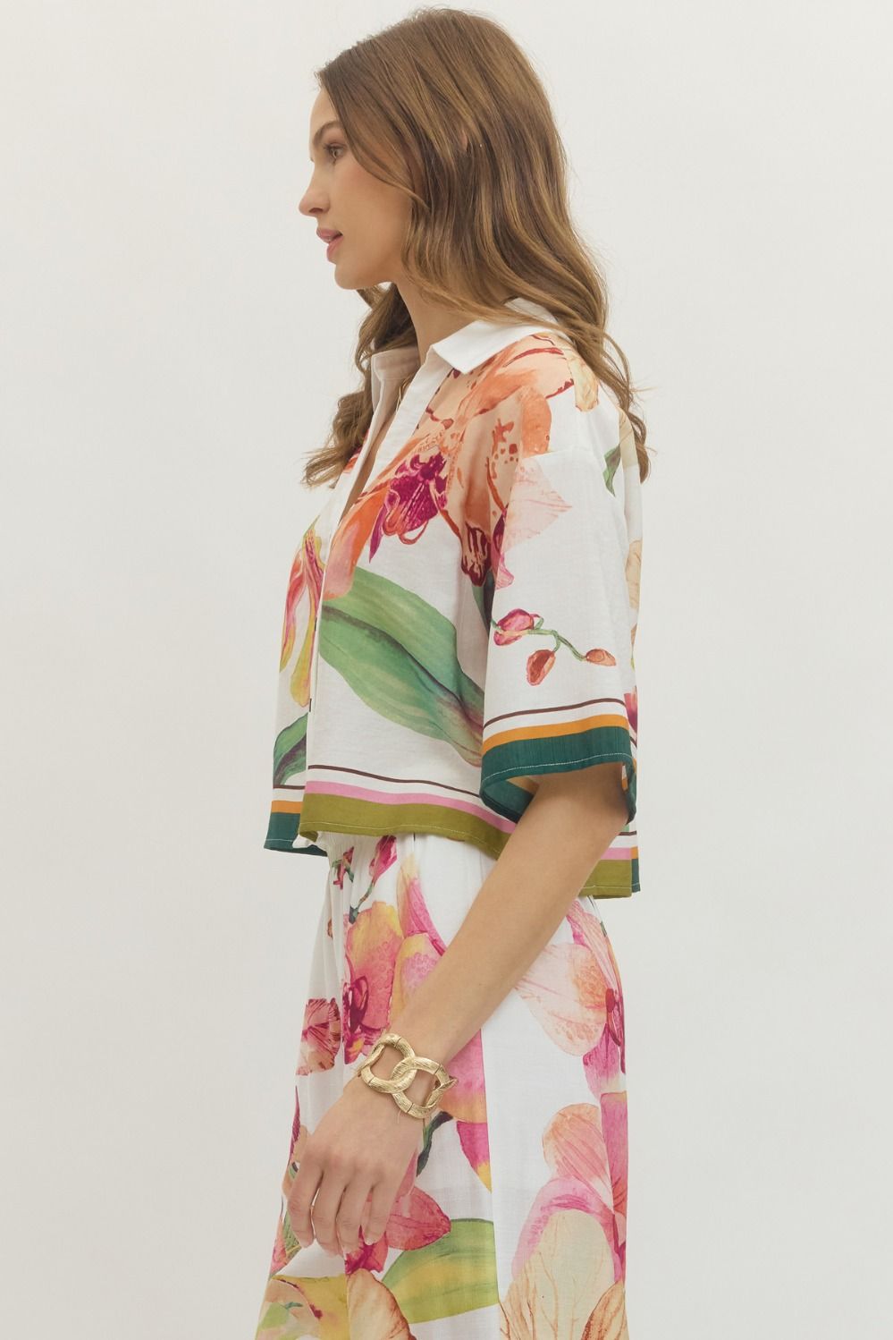 Entro Orchid Garden Button Front Floral Blouse-Tops-Entro-Deja Nu Boutique, Women's Fashion Boutique in Lampasas, Texas