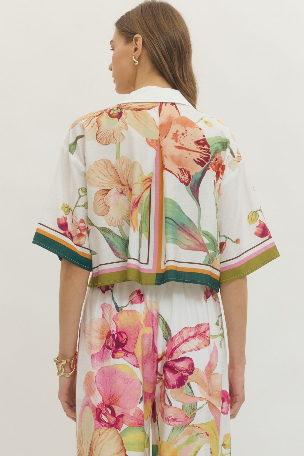 Entro Orchid Garden Button Front Floral Blouse-Tops-Entro-Deja Nu Boutique, Women's Fashion Boutique in Lampasas, Texas