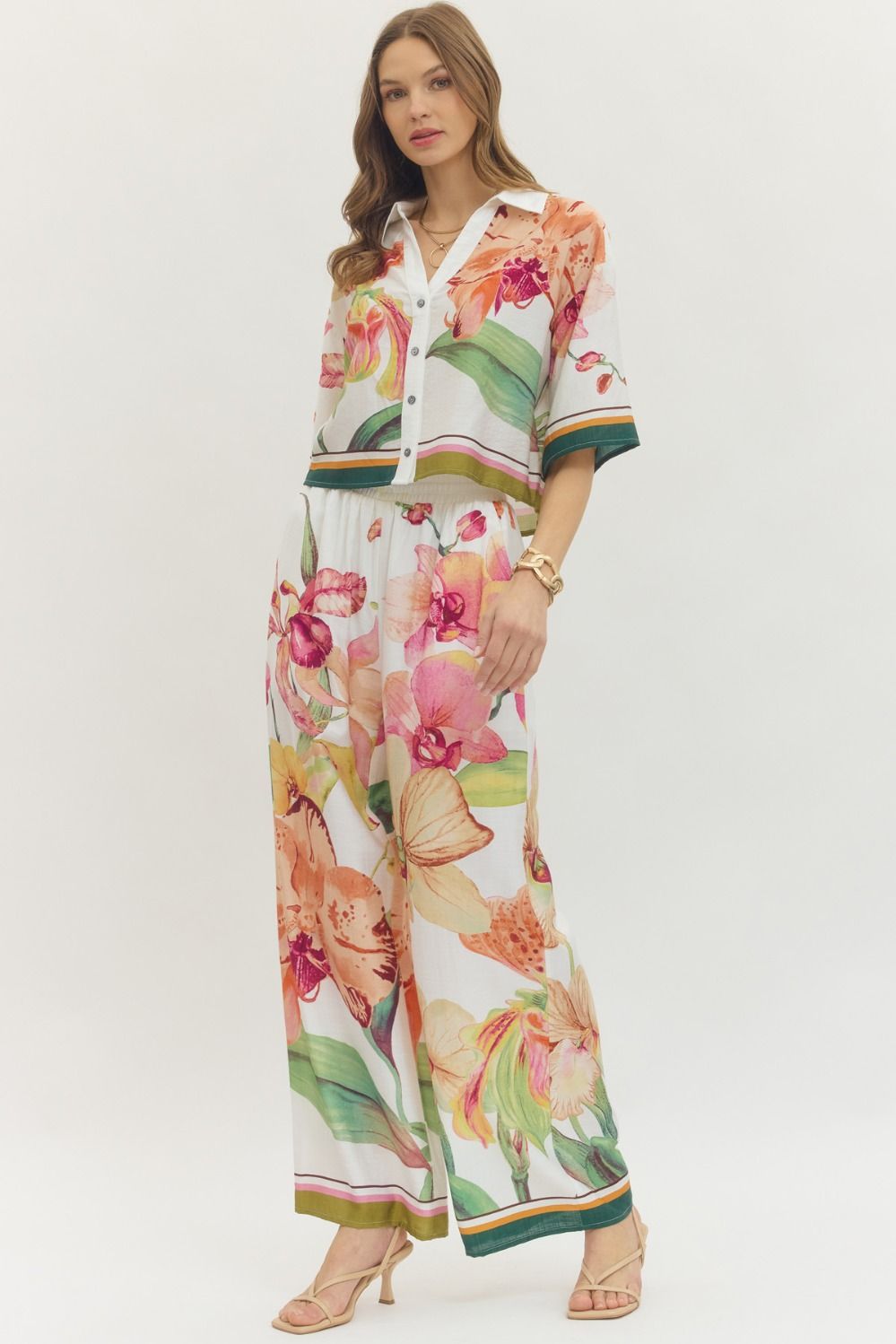 Entro Orchid Garden Button Front Floral Blouse-Tops-Entro-Deja Nu Boutique, Women's Fashion Boutique in Lampasas, Texas