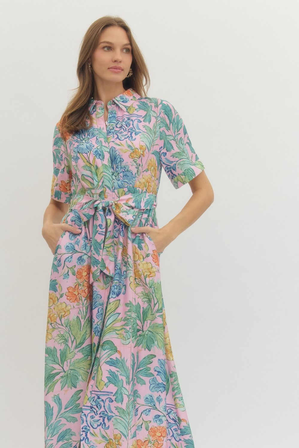 Entro Pink Floral Puff Sleeve Midi Dress with Drawstring Waist-Midi Dresses-Entro-Deja Nu Boutique, Women's Fashion Boutique in Lampasas, Texas