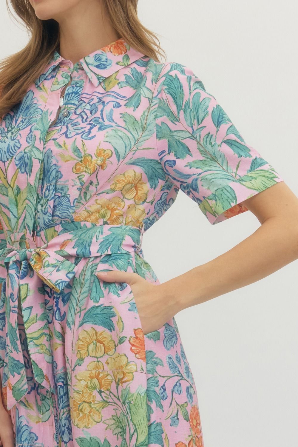 Entro Pink Floral Puff Sleeve Midi Dress with Drawstring Waist-Midi Dresses-Entro-Deja Nu Boutique, Women's Fashion Boutique in Lampasas, Texas