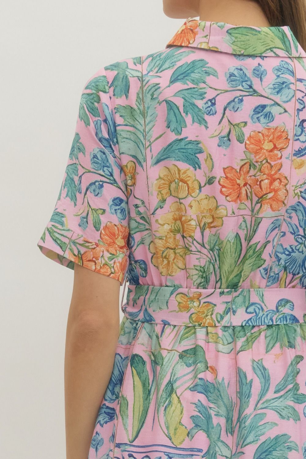 Entro Pink Floral Puff Sleeve Midi Dress with Drawstring Waist-Midi Dresses-Entro-Deja Nu Boutique, Women's Fashion Boutique in Lampasas, Texas