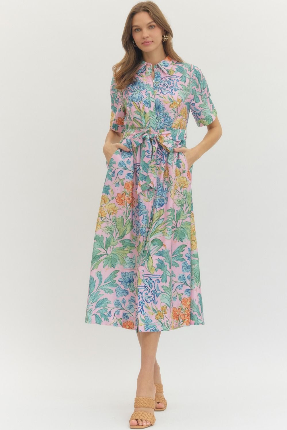 Entro Pink Floral Puff Sleeve Midi Dress with Drawstring Waist-Midi Dresses-Entro-Deja Nu Boutique, Women's Fashion Boutique in Lampasas, Texas