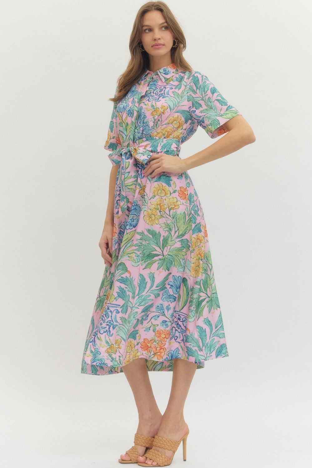 Entro Pink Floral Puff Sleeve Midi Dress with Drawstring Waist-Midi Dresses-Entro-Deja Nu Boutique, Women's Fashion Boutique in Lampasas, Texas