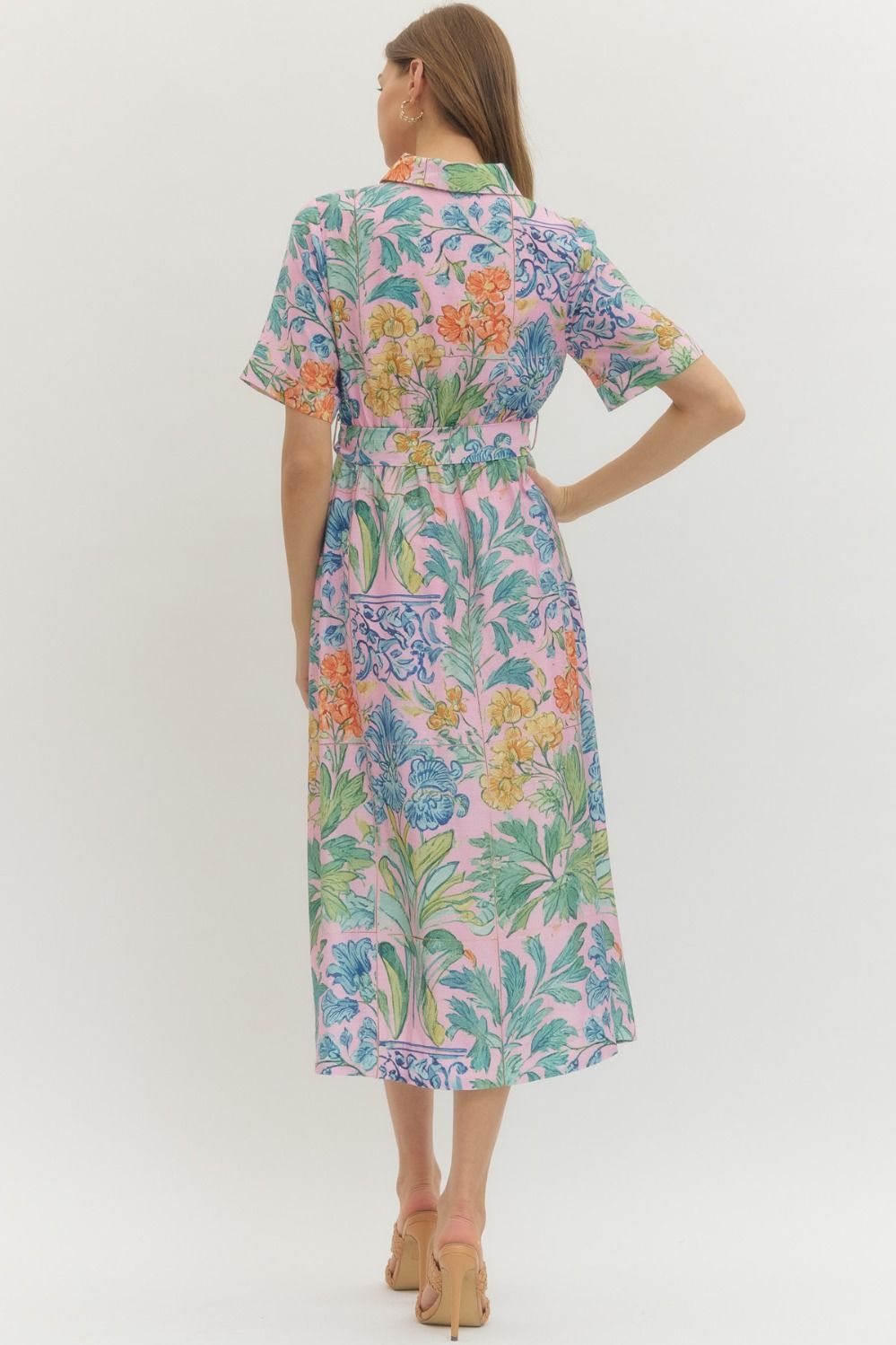 Entro Pink Floral Puff Sleeve Midi Dress with Drawstring Waist-Midi Dresses-Entro-Deja Nu Boutique, Women's Fashion Boutique in Lampasas, Texas