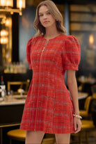 Entro Red Plaid Puff Sleeve Mini Dress with Front Zip-Dresses-Entro-Deja Nu Boutique, Women's Fashion Boutique in Lampasas, Texas