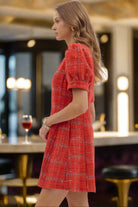 Entro Red Plaid Puff Sleeve Mini Dress with Front Zip-Dresses-Entro-Deja Nu Boutique, Women's Fashion Boutique in Lampasas, Texas
