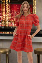 Entro Red Plaid Puff Sleeve Mini Dress with Front Zip-Dresses-Entro-Deja Nu Boutique, Women's Fashion Boutique in Lampasas, Texas