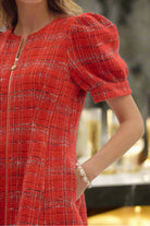 Entro Red Plaid Puff Sleeve Mini Dress with Front Zip-Dresses-Entro-Deja Nu Boutique, Women's Fashion Boutique in Lampasas, Texas