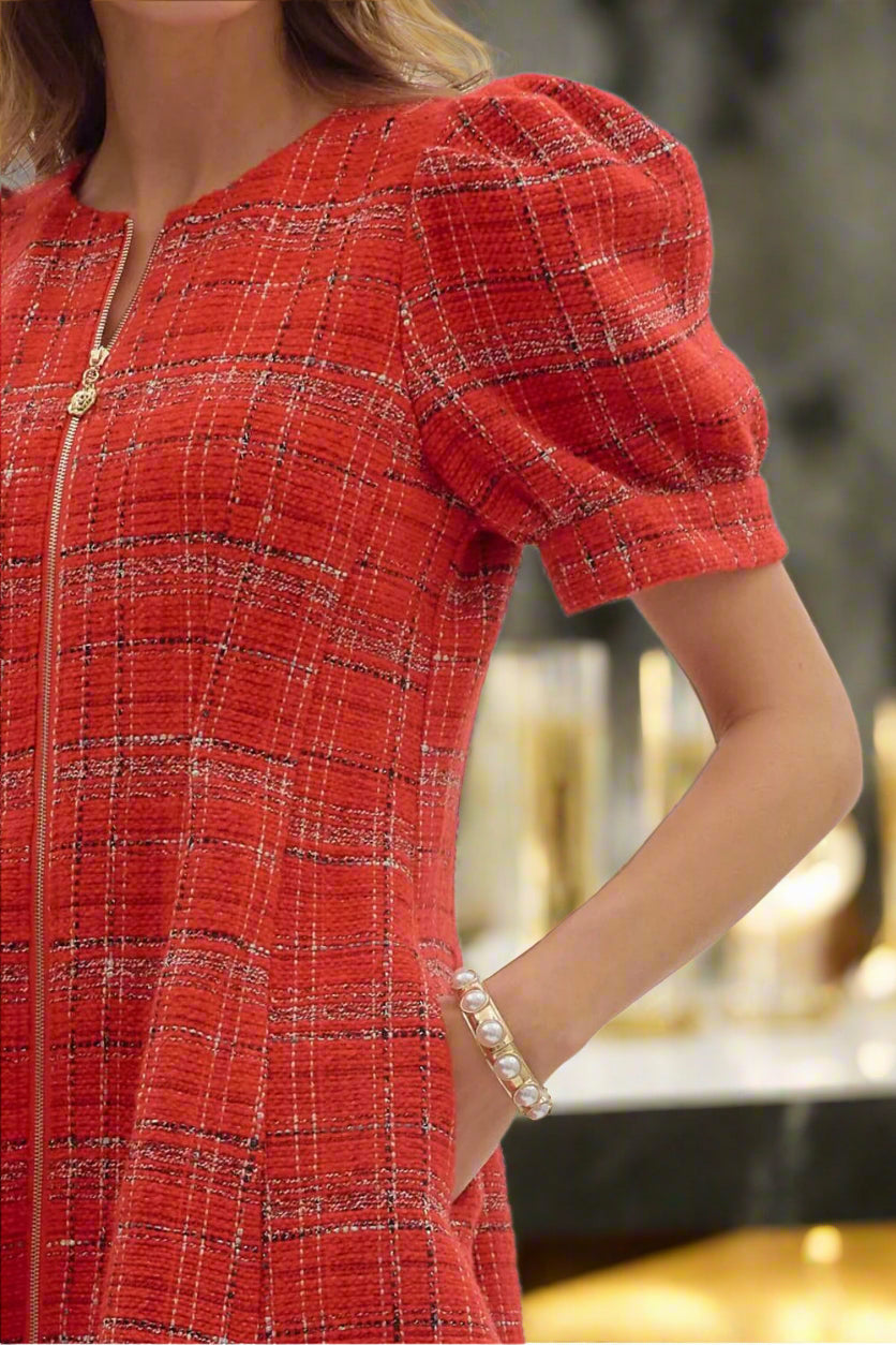 Entro Red Plaid Puff Sleeve Mini Dress with Front Zip-Dresses-Entro-Deja Nu Boutique, Women's Fashion Boutique in Lampasas, Texas