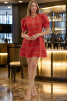 Entro Red Plaid Puff Sleeve Mini Dress with Front Zip-Dresses-Entro-Deja Nu Boutique, Women's Fashion Boutique in Lampasas, Texas