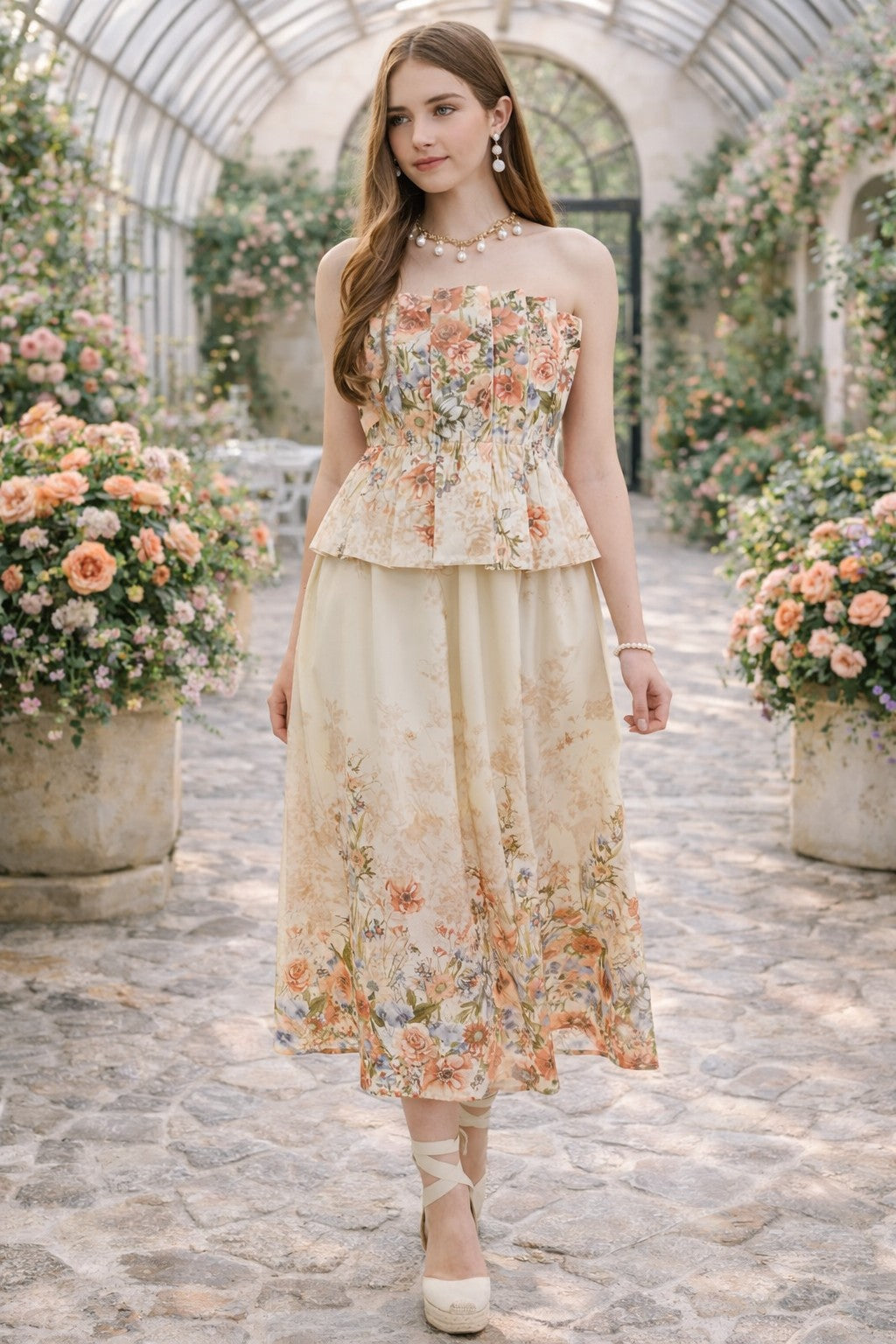 Entro Rose Multi Floral Strapless Midi Dress