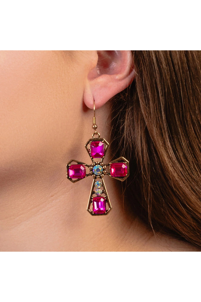 Exquisite Fuchsia Crystal Cross Dangle Earrings With AB Rhinestone Accents-Earrings-Deja Nu-Deja Nu Boutique, Women's Fashion Boutique in Lampasas, Texas