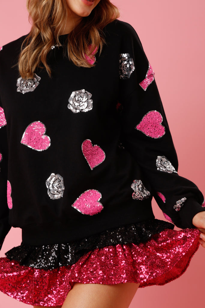 Fantastic Fawn Heart And Rose Sequins Pull Over In Black-Sweaters-Fantastic Fawn-Deja Nu Boutique, Women's Fashion Boutique in Lampasas, Texas