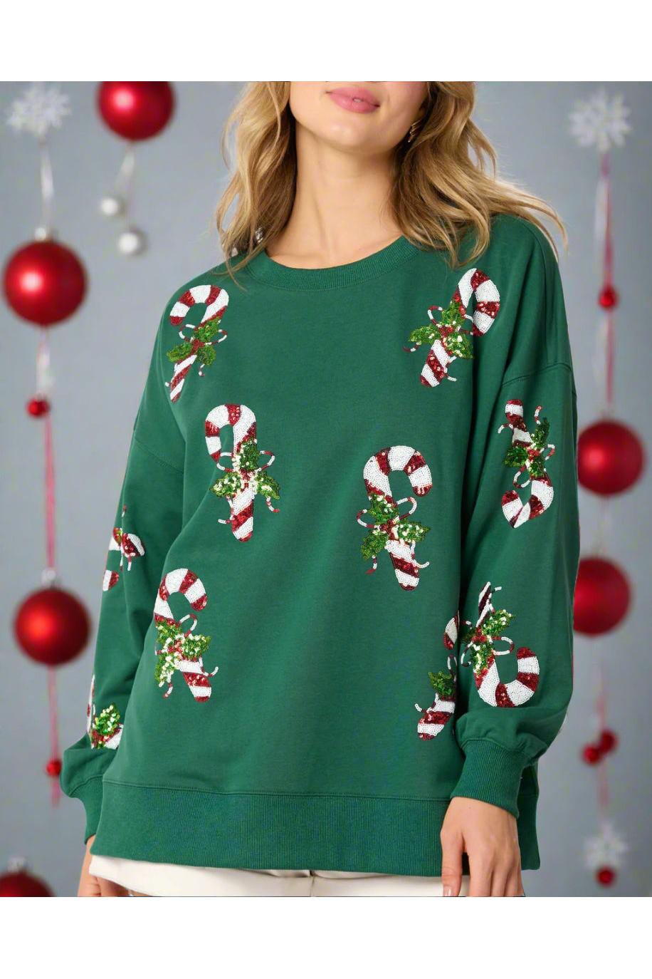 Fantastic Fawn Hunter Green Sequined Candy Cane Sweater-Sweaters-Fantastic Fawn-Deja Nu Boutique, Women's Fashion Boutique in Lampasas, Texas